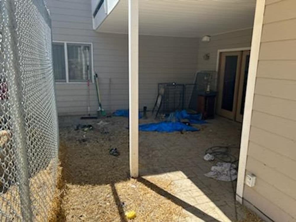 Messy outdoor area with scattered debris, blue tarps, and a fenced perimeter.