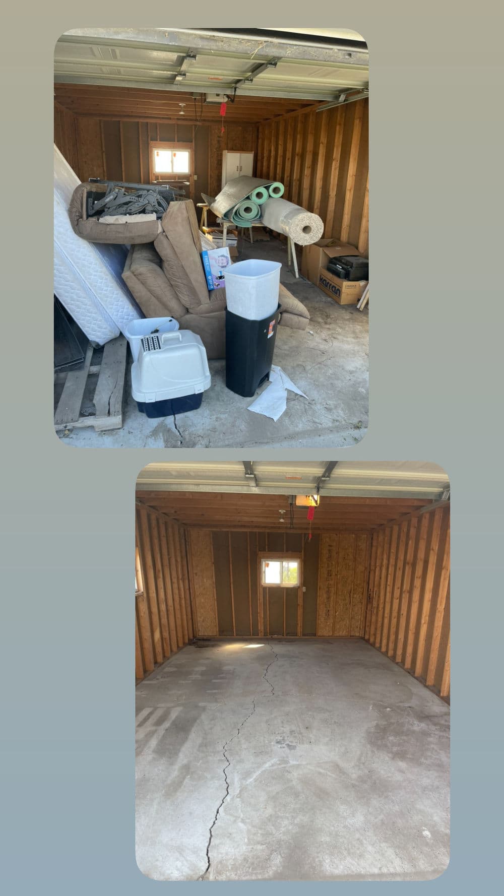 Before and after images of a garage transformation; cluttered space versus clean floor.