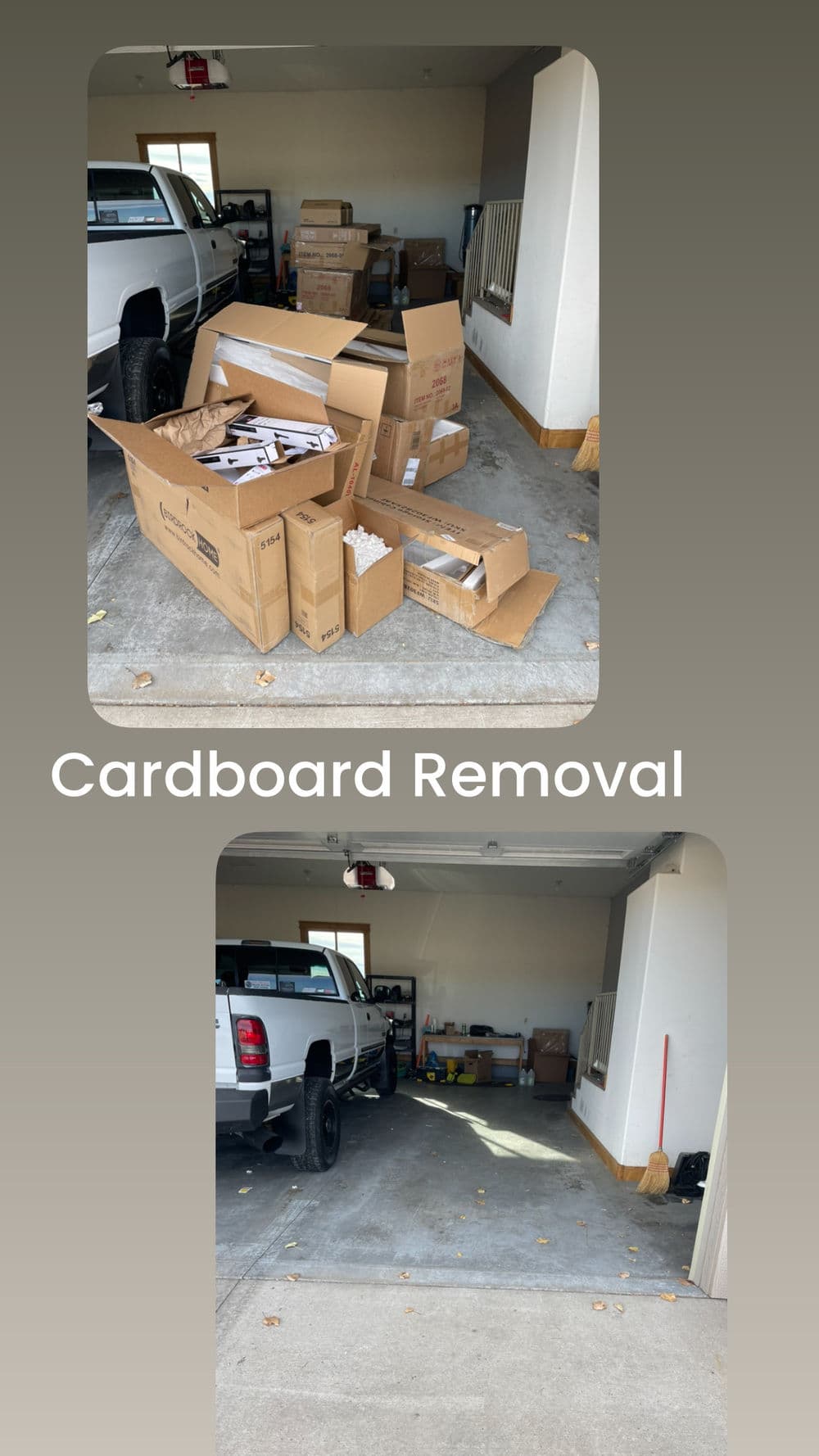 Before and after images of a garage showing cardboard boxes and clutter removal.