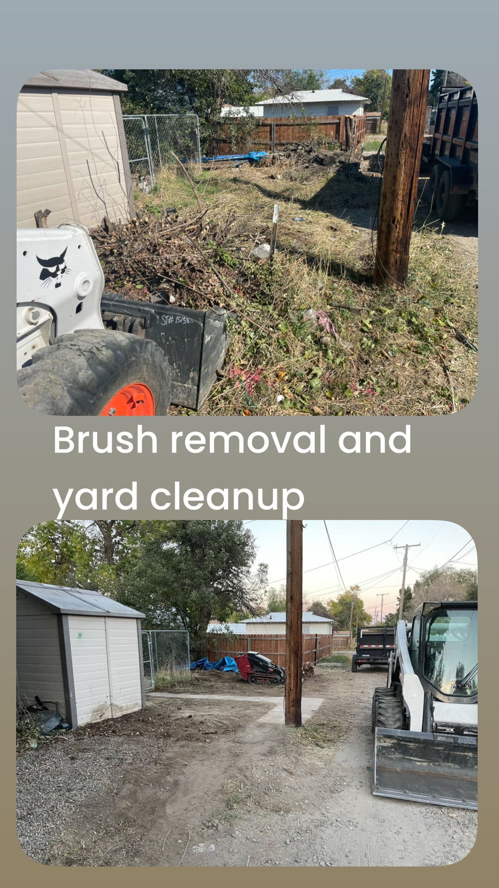 Brush removal and yard cleanup with equipment in residential area, before and after.