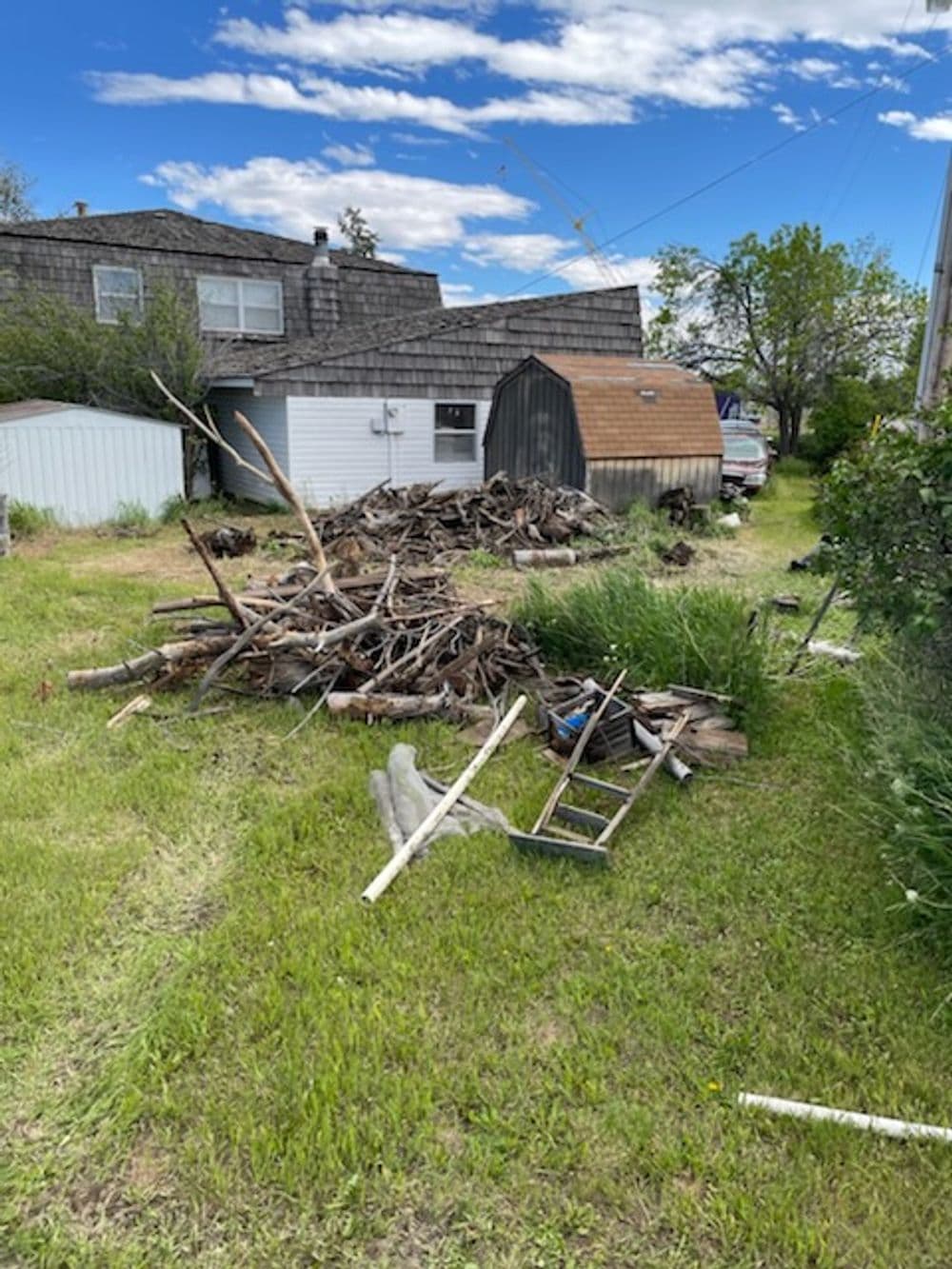 Overgrown yard with a large pile of debris, shed, and clear blue sky.