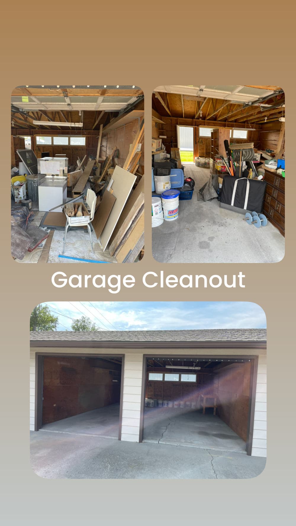 Before and after images of a garage cleanout, showing clutter and organized space.