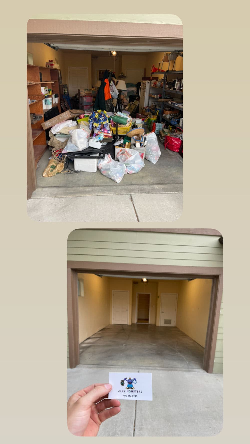 Before and after garage cleanup, showing cluttered space transforming into a clean area.