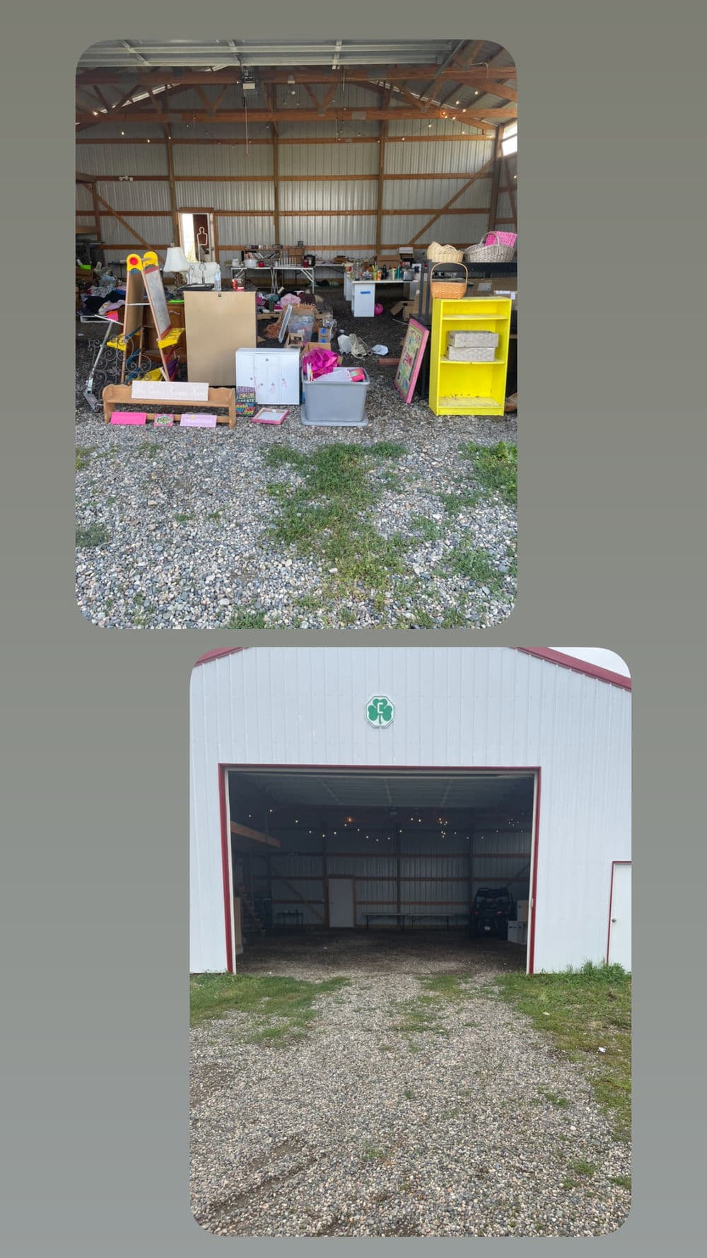 Cluttered storage garage filled with various items and an empty garage space.